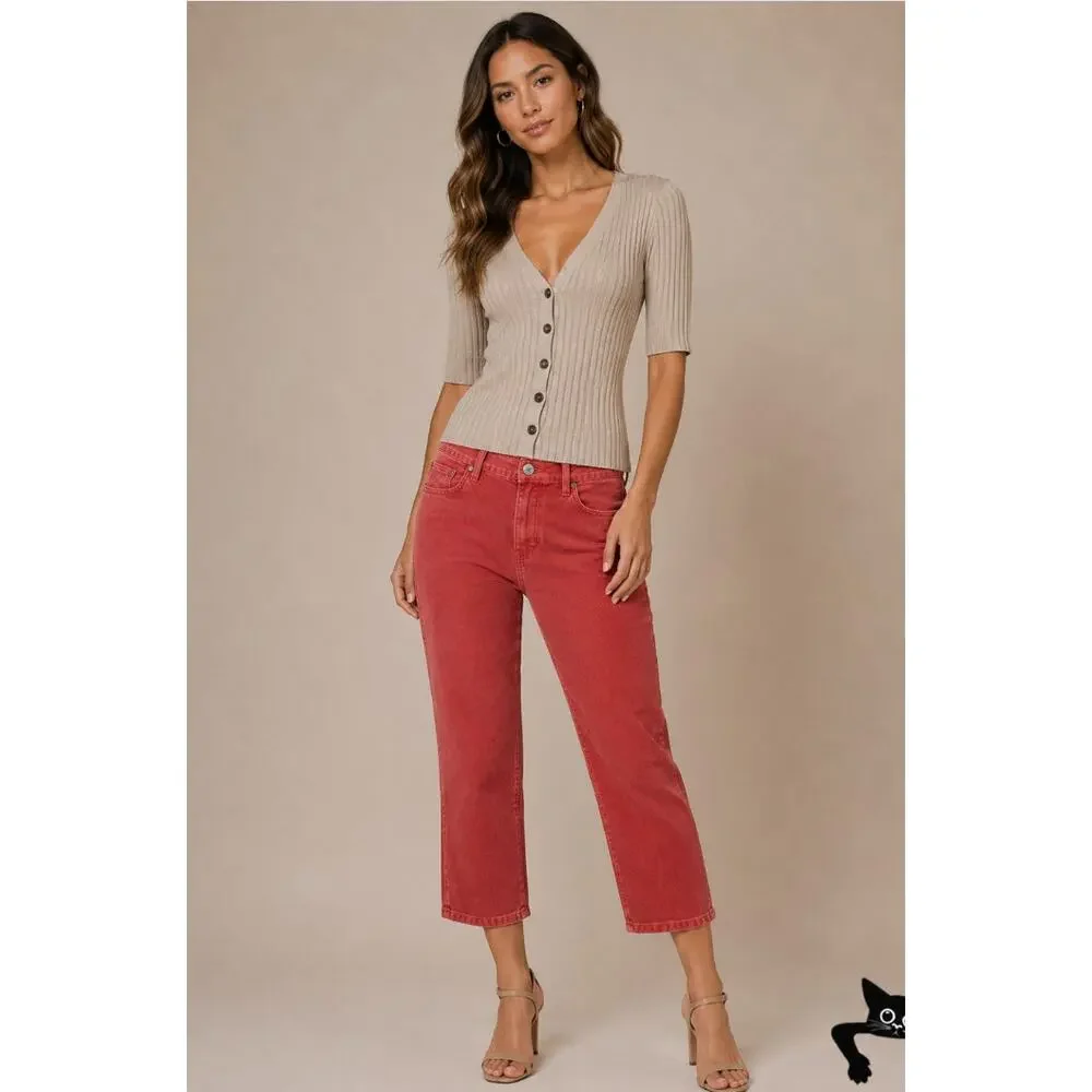 AMO The Chloe Rust Red Corduroy Straight Leg Crop Pant Trousers Washed Red 26